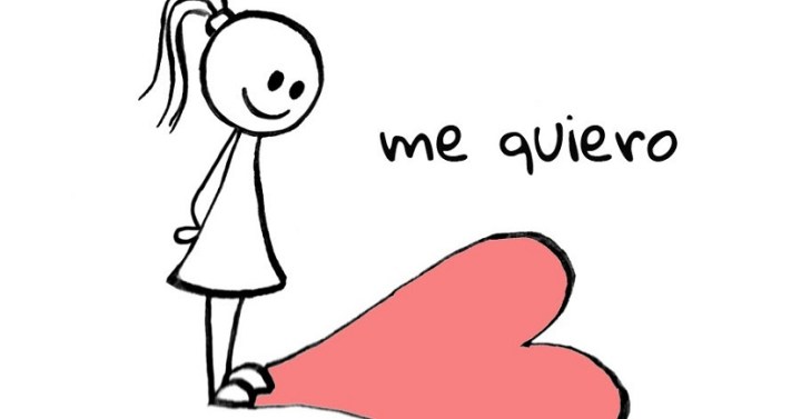 Dibujo de una figura de palo sonriendo junto a un corazón grande, con el texto 'me quiero' escrito al lado.